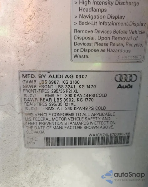 2007 Audi Q7 4.2 Quattro S-Line from USA, damaged, VIN WA1CV74L87D090765